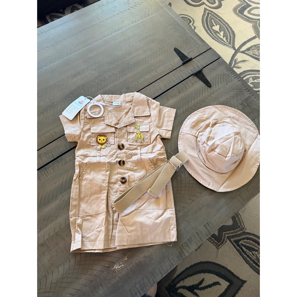 Baby Boy Safari Outfit Set Khaki Romper Hat Belt Lion Giraffe 12-18M